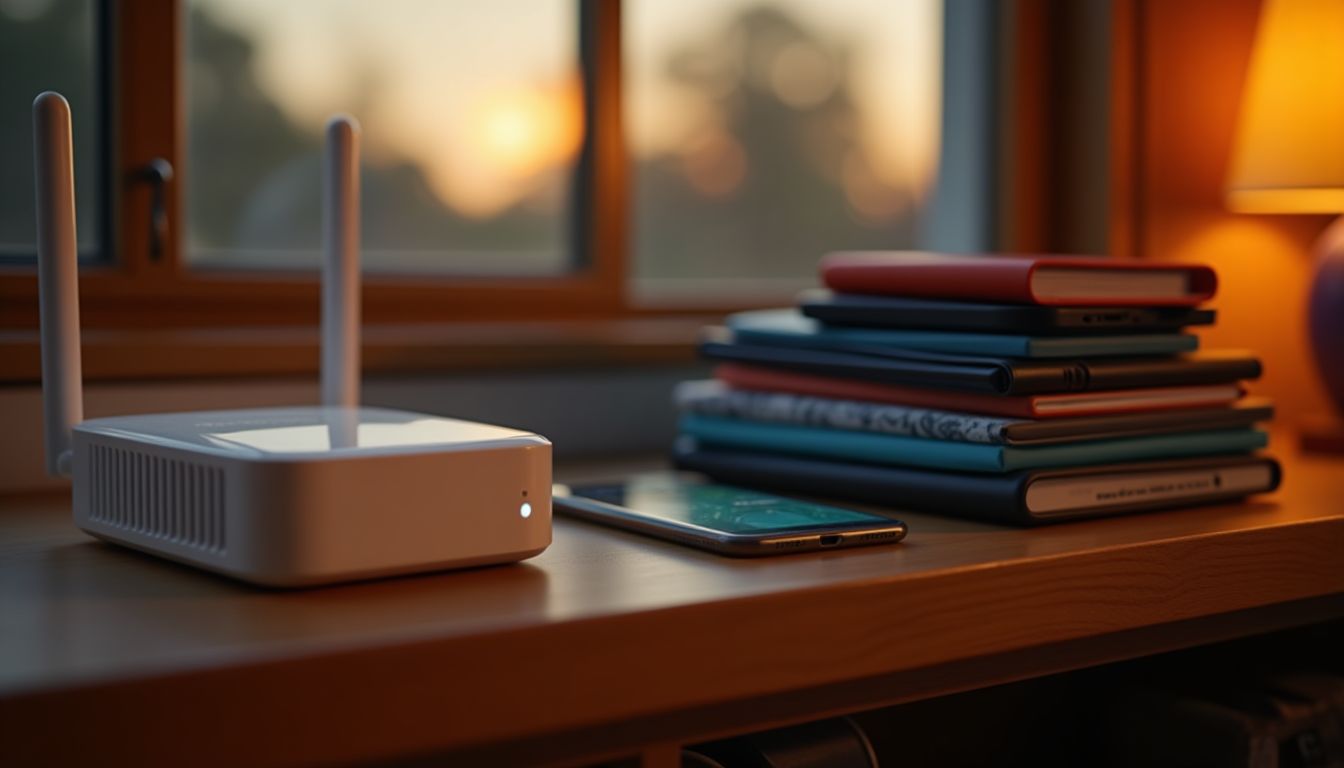 A small wifi router and a phone on a warm wooden shelf next to a neat stack of charging family devices, dusk light with an orange glow β family devices and data guide