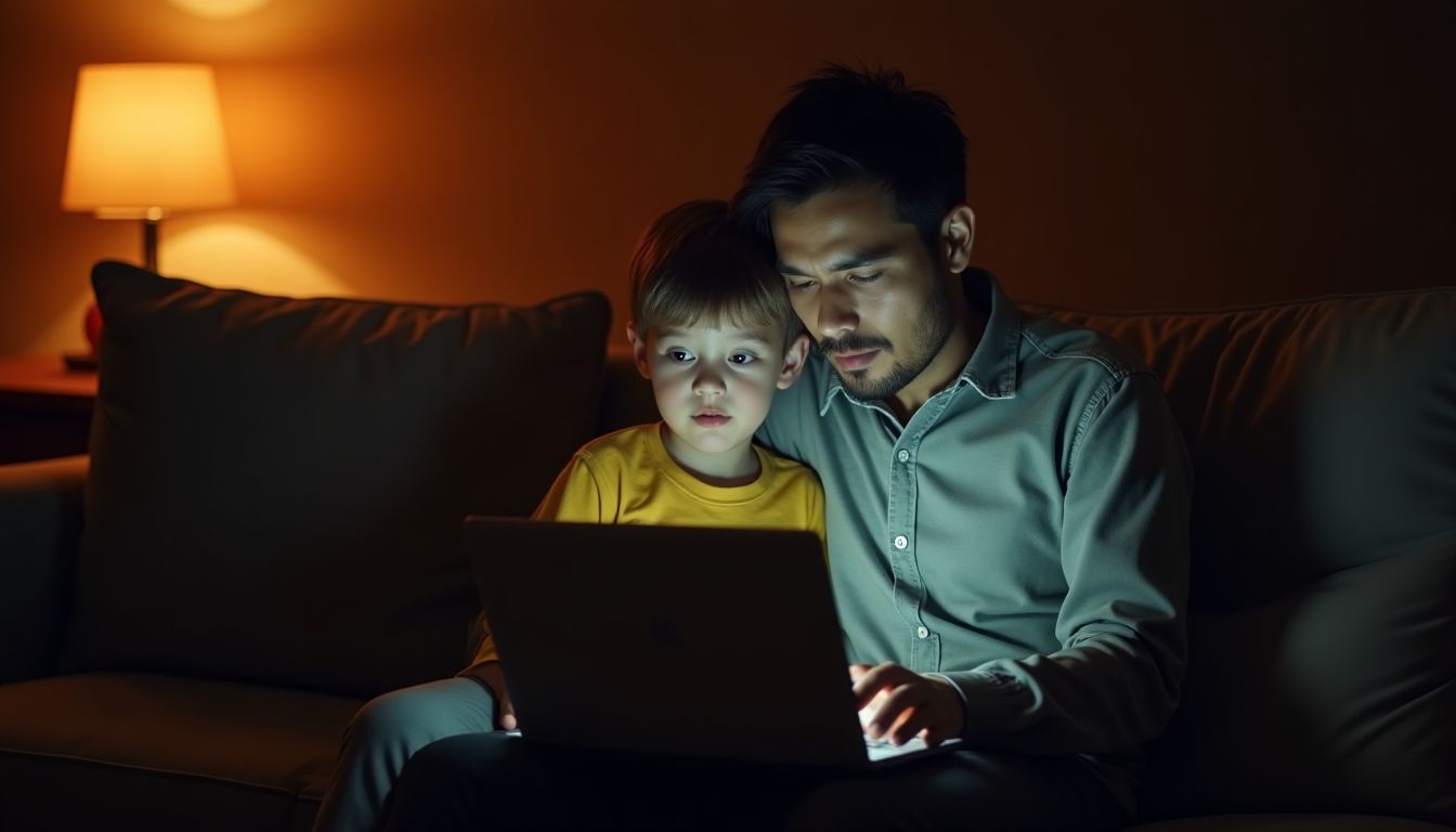 A parent and child side by side on a sofa looking at a softly glowing laptop screen in a warm dark living room, caring protective mood — family online safety guide