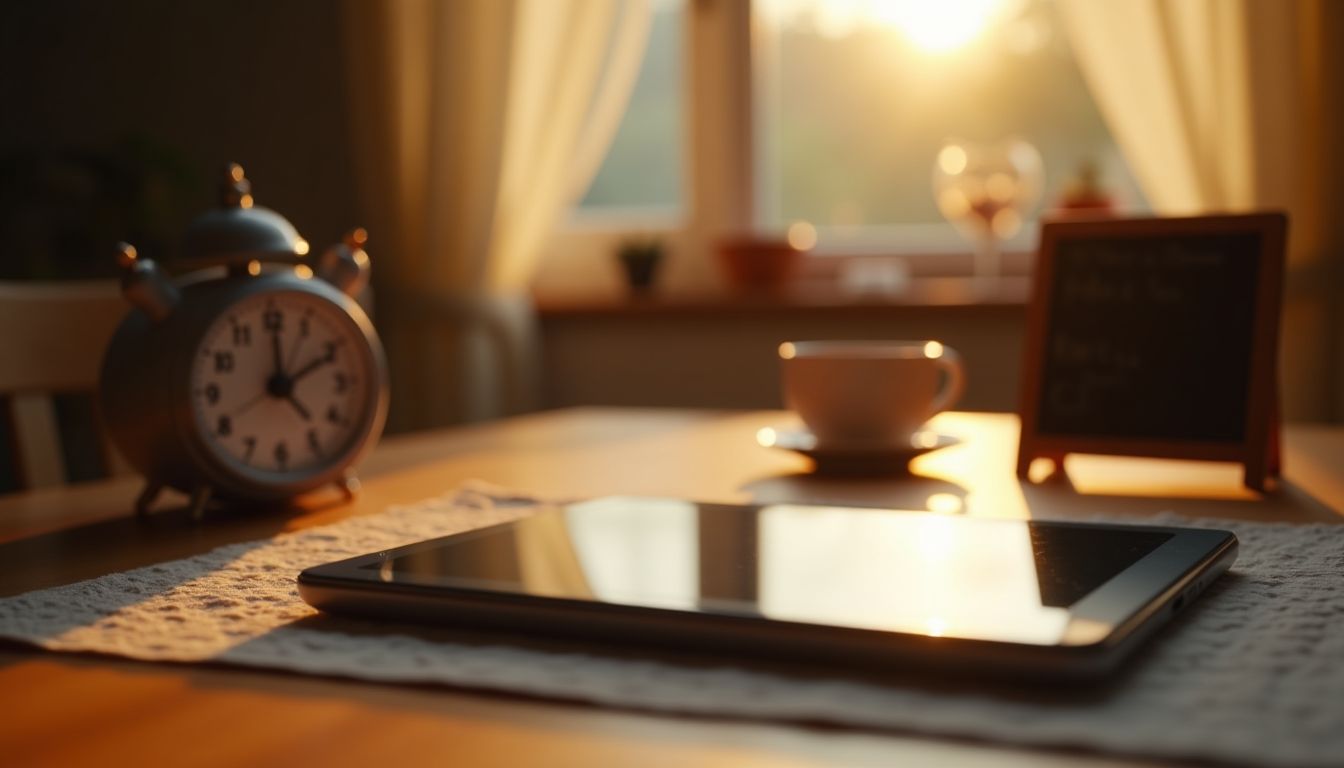 A tablet resting beside a kitchen timer and a small chalkboard chart on a warm wooden table, golden evening light through a window β family screen-time routine guide